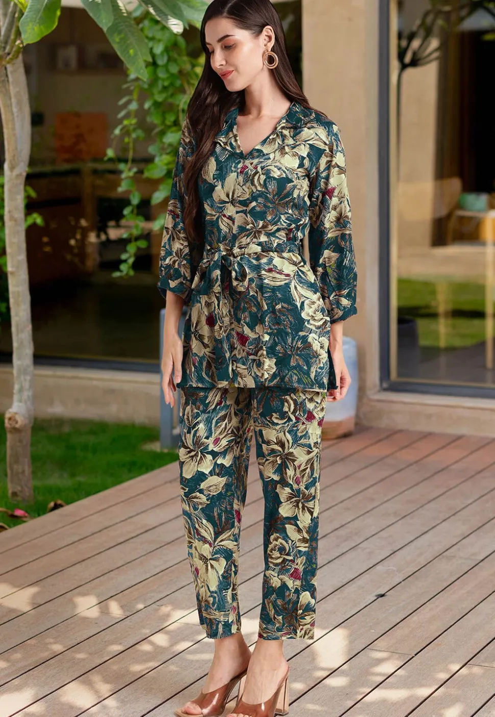 Printed Viscose Rayon Co Ord Set in Teal Blue