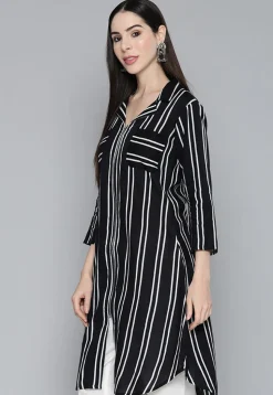 Printed Viscose Rayon Shirt Style Tunic in Black