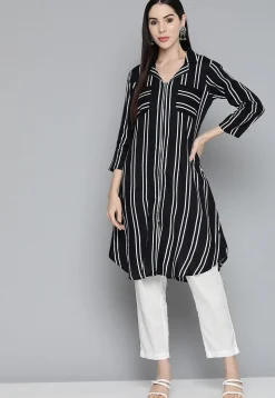 Printed Viscose Rayon Shirt Style Tunic in Black