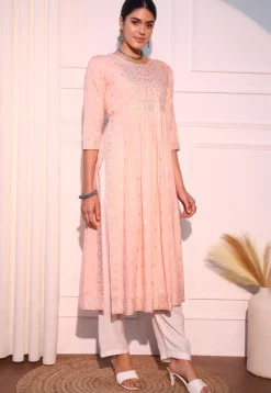 Printed Viscose Rayon Straight Kurta in Light Peach