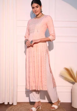 Printed Viscose Rayon Straight Kurta in Light Peach