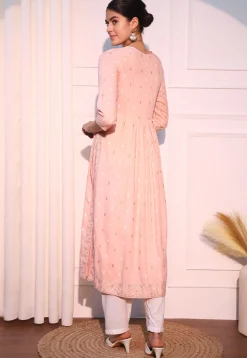 Printed Viscose Rayon Straight Kurta in Light Peach