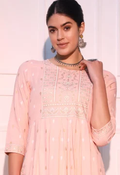 Printed Viscose Rayon Straight Kurta in Light Peach