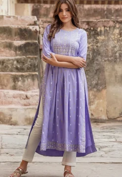 Printed Viscose Rayon Straight Kurta in Light Purple