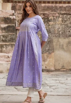 Printed Viscose Rayon Straight Kurta in Light Purple