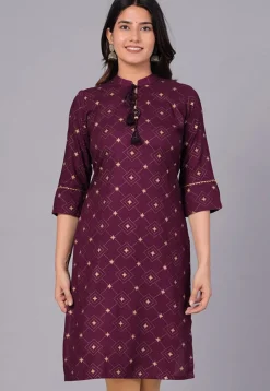 Printed Viscose Rayon Straight Kurta in Violet