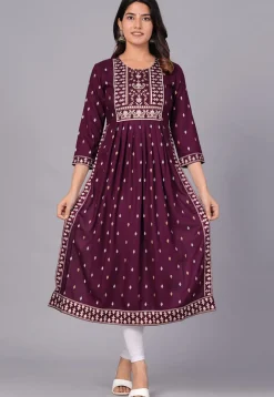 Printed Viscose Rayon Straight Kurta in Violet