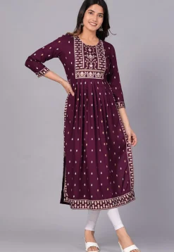Printed Viscose Rayon Straight Kurta in Violet