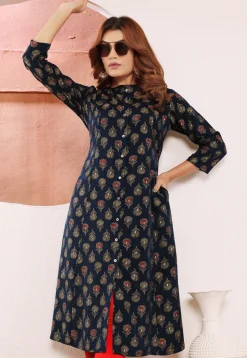 Printed Viscose Silk Straight Kurta in Navy Blue