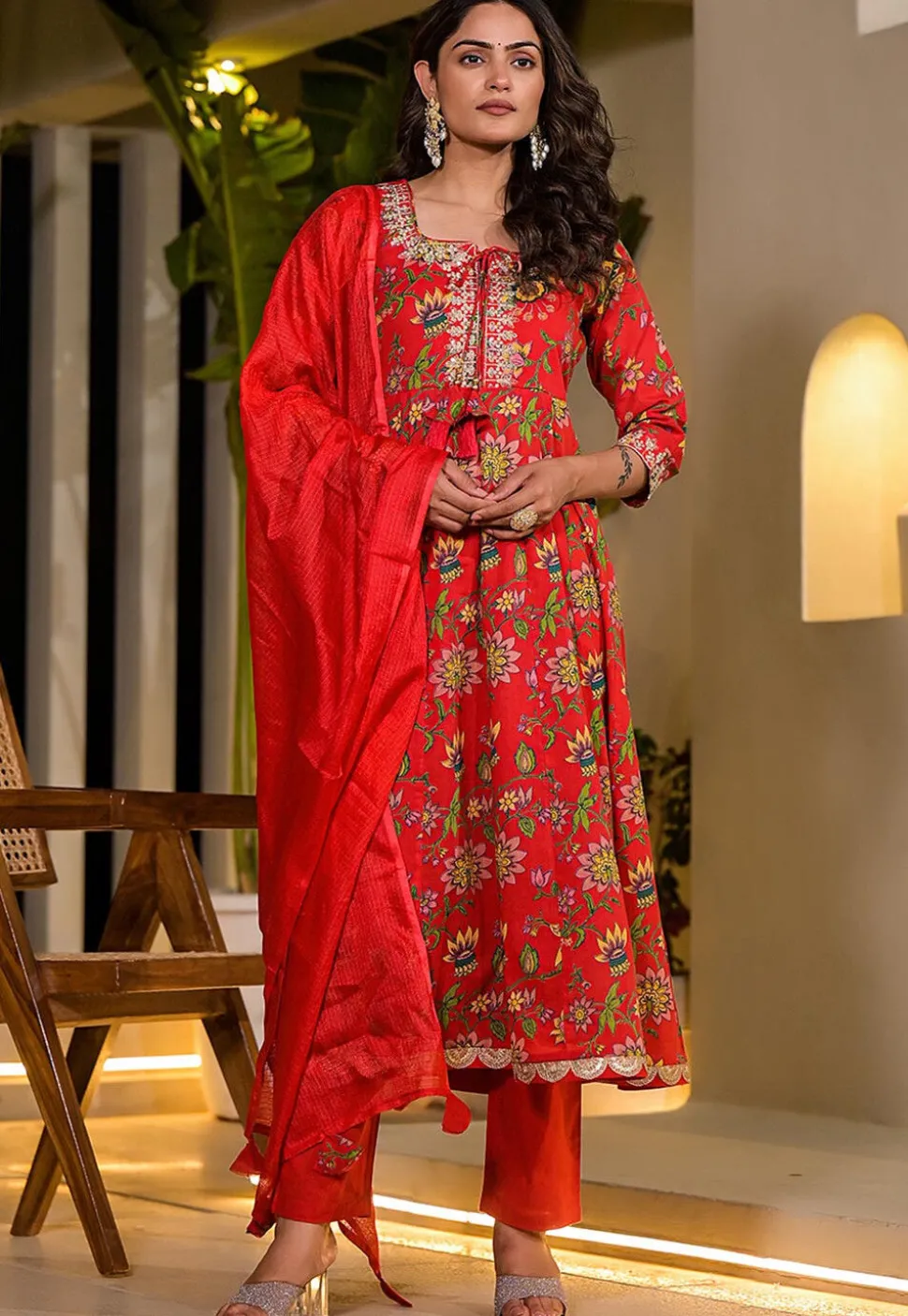 Printed Voile Anarkali Suit in Red