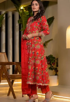 Printed Voile Anarkali Suit in Red