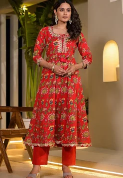 Printed Voile Anarkali Suit in Red