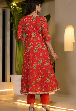 Printed Voile Anarkali Suit in Red