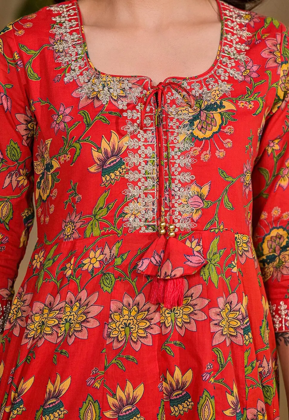 Printed Voile Anarkali Suit in Red