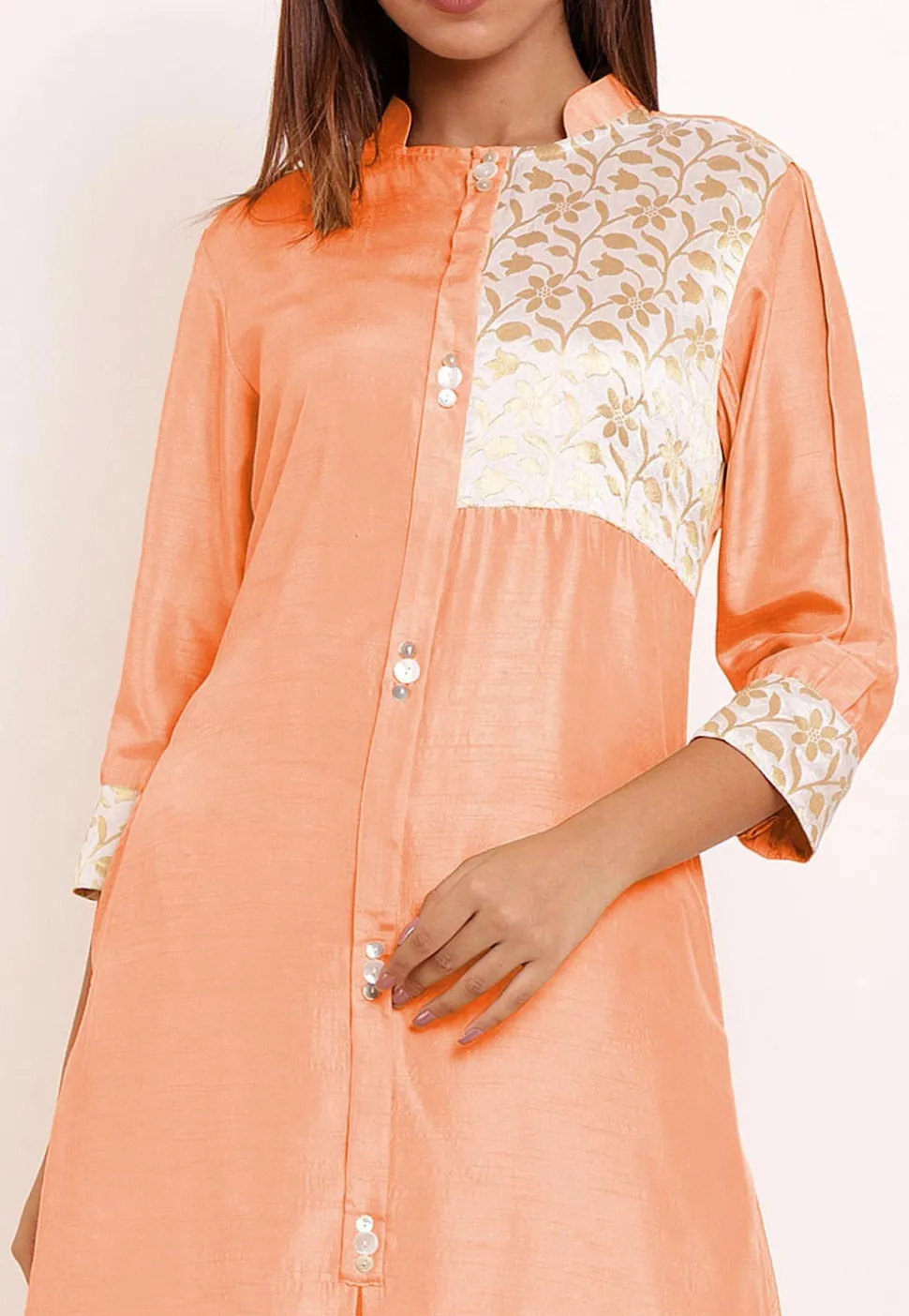 Printed Yoke Art Silk and Brocade Asymmetric Kurta in Peach