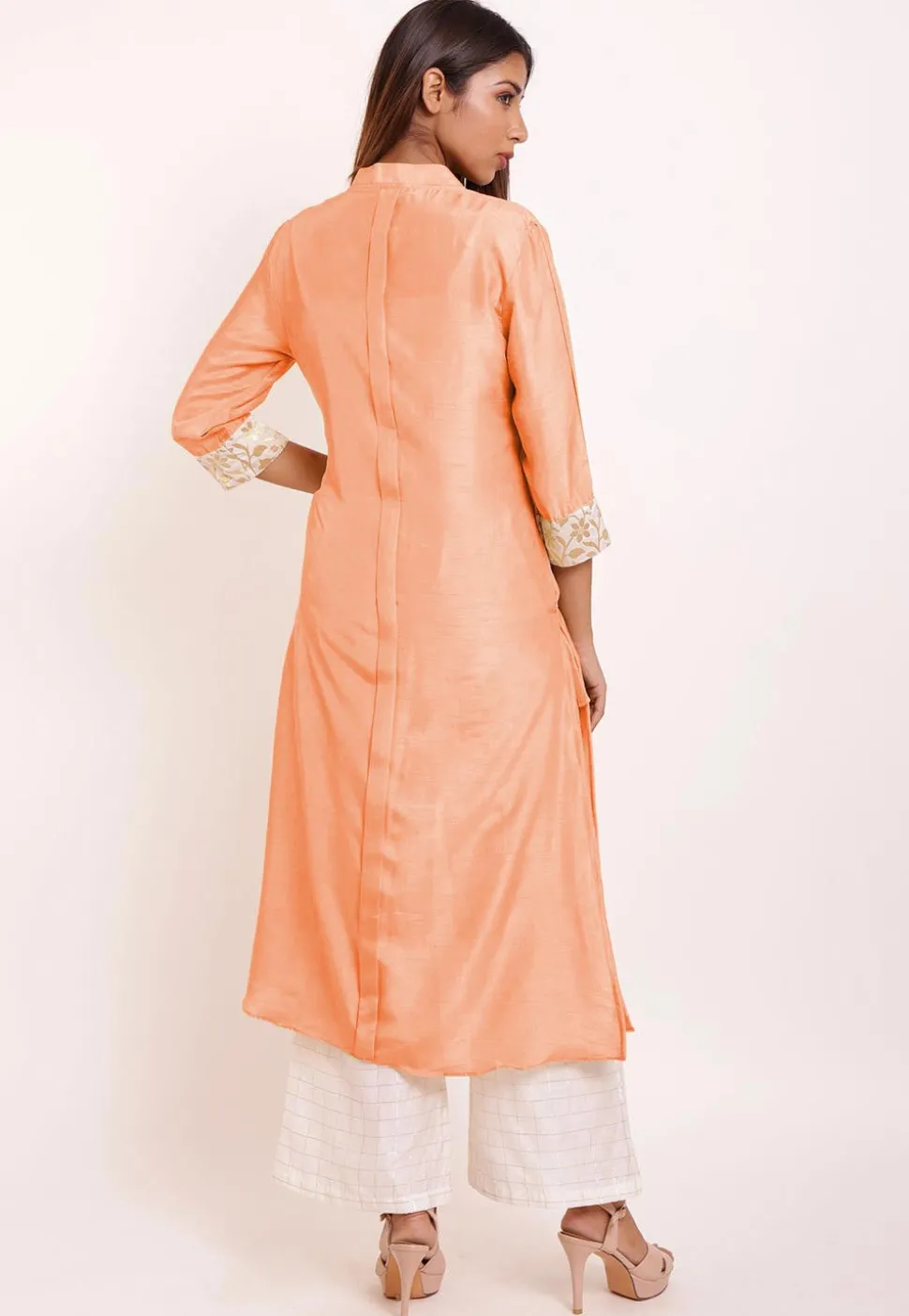 Printed Yoke Art Silk and Brocade Asymmetric Kurta in Peach