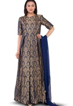 Pure Brocade Silk Abaya Style Suit in Navy Blue