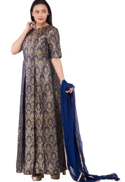 Pure Brocade Silk Abaya Style Suit in Navy Blue