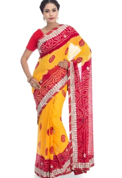 Pure Chinon Crepe Bandhani Saree in Yellow and Red