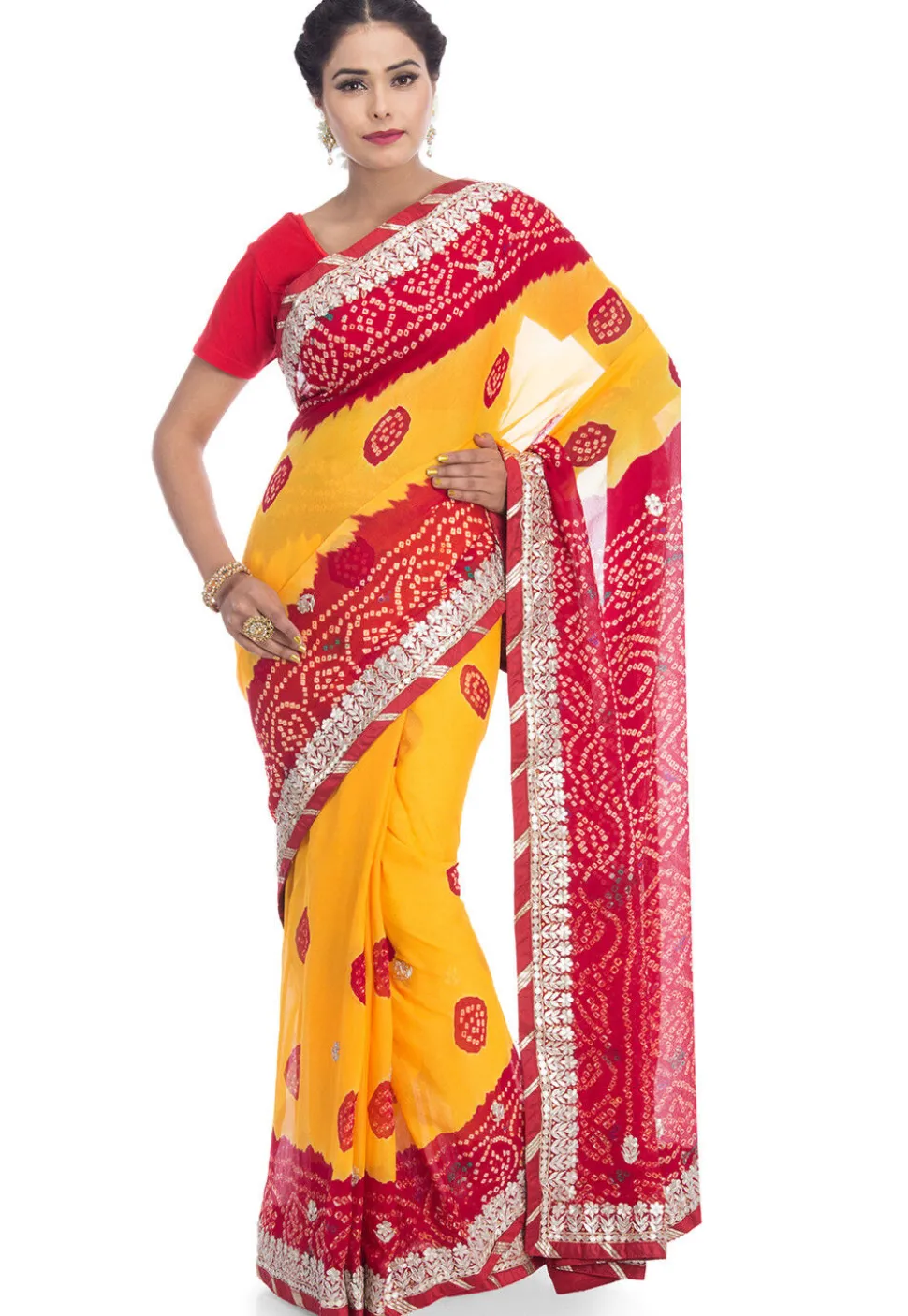 Pure Chinon Crepe Bandhani Saree in Yellow and Red