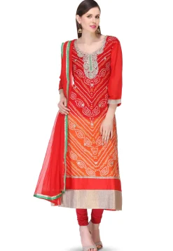 Pure Chinon Crepe Bandhej Straight Suit in Ombre Red and Orange