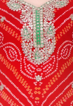 Pure Chinon Crepe Bandhej Straight Suit in Ombre Red and Orange