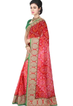 Pure Chinon Crepe Bandhej Saree in Coral Red