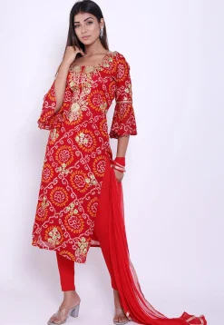 Pure Georgette Bandhej Straight Suit in Red