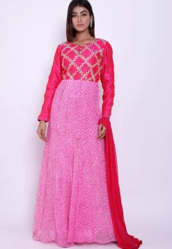 Pure Georgette Block Printed Abaya Style Suit in Pink and Fuchsia
