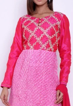 Pure Georgette Block Printed Abaya Style Suit in Pink and Fuchsia