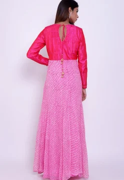 Pure Georgette Block Printed Abaya Style Suit in Pink and Fuchsia