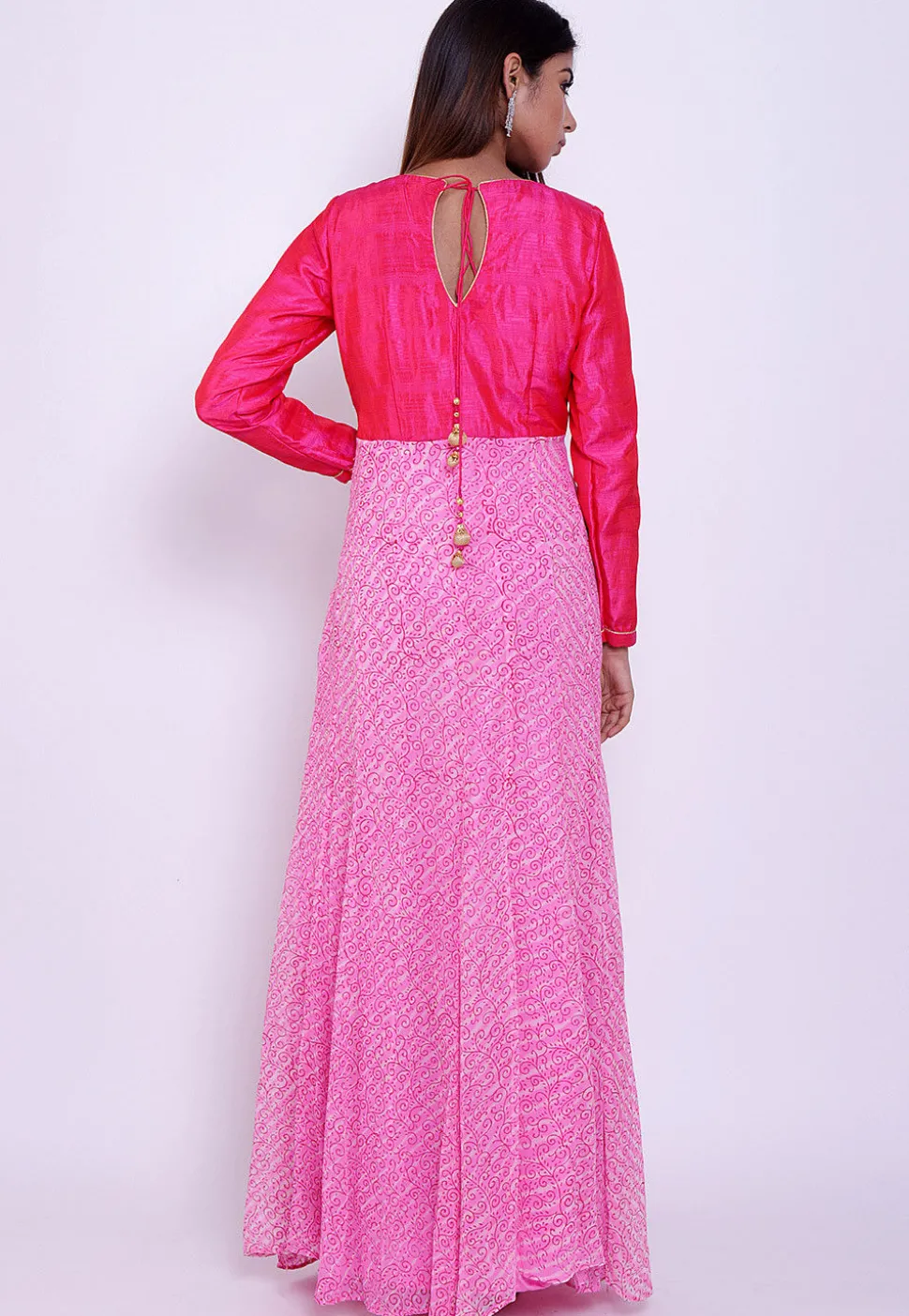 Pure Georgette Block Printed Abaya Style Suit in Pink and Fuchsia