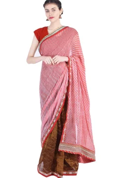 Pure Georgette Lehariya Saree in Peach and Brown