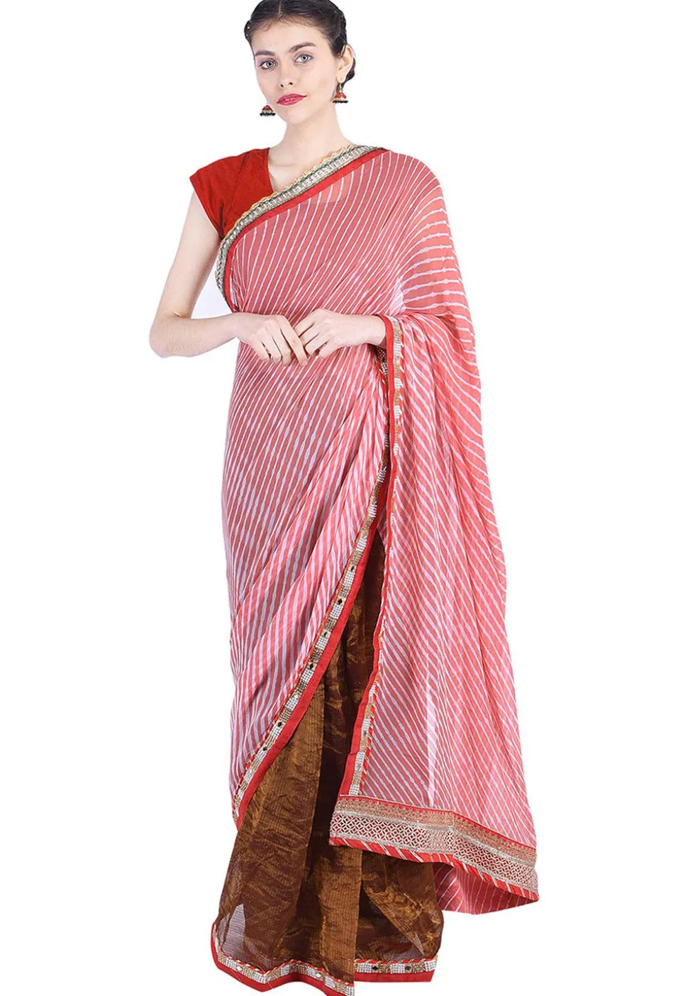 Pure Georgette Lehariya Saree in Peach and Brown