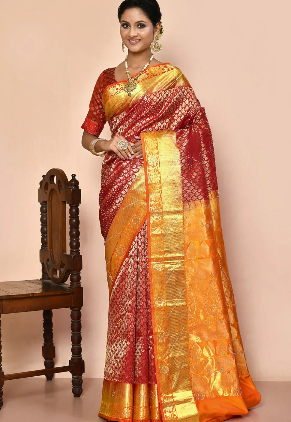 Pure Kanchipuram Silk Embellished Saree in Red