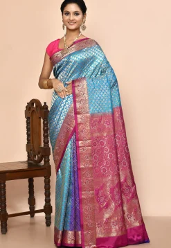 Pure Kanchipuram Silk Embellished Saree in Blue