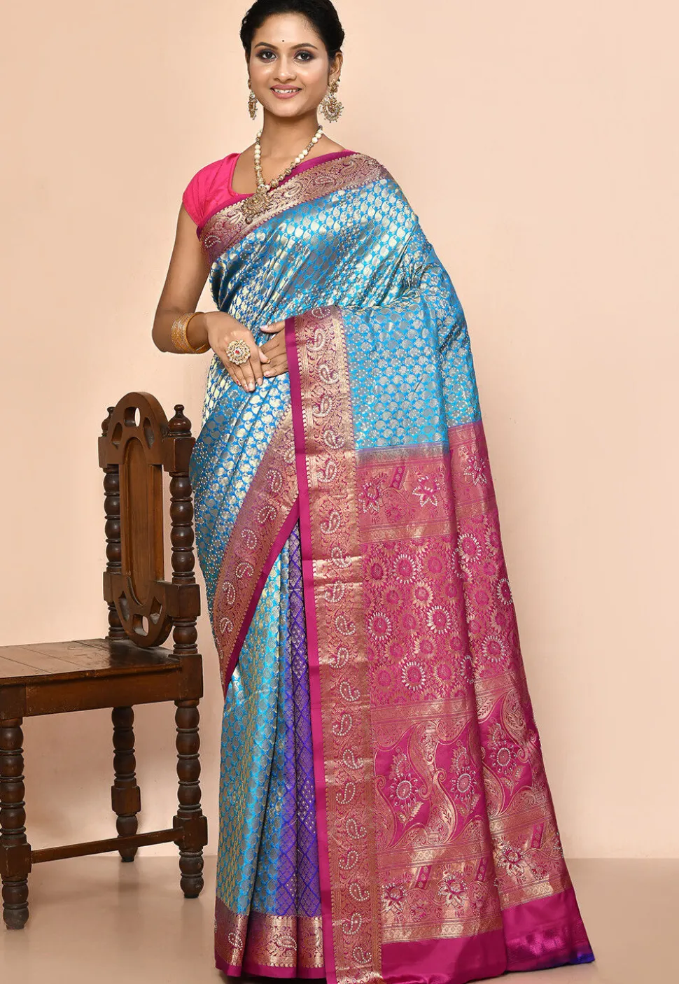 Pure Kanchipuram Silk Embellished Saree in Blue