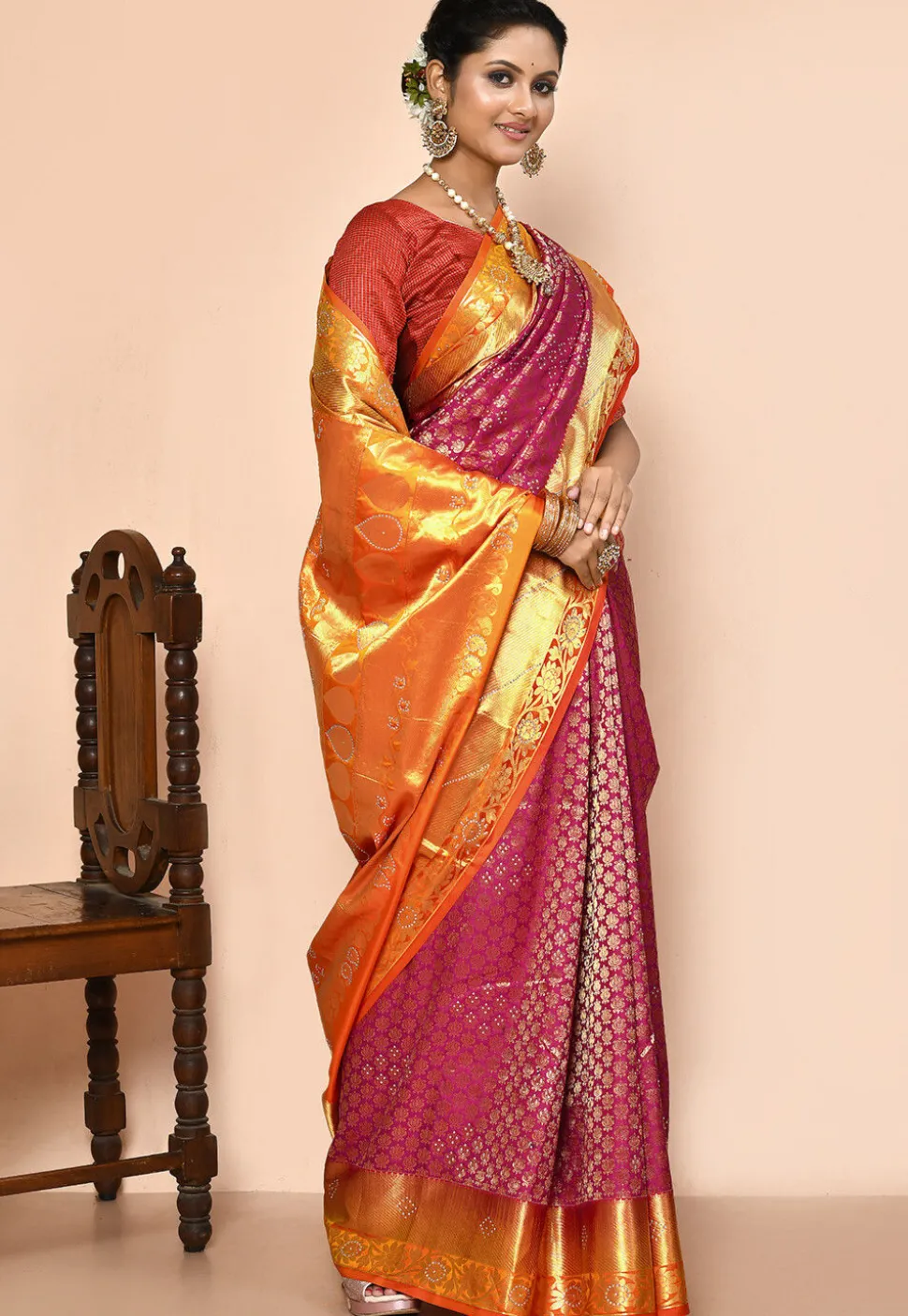 Pure Kanchipuram Silk Embellished Saree in Magenta