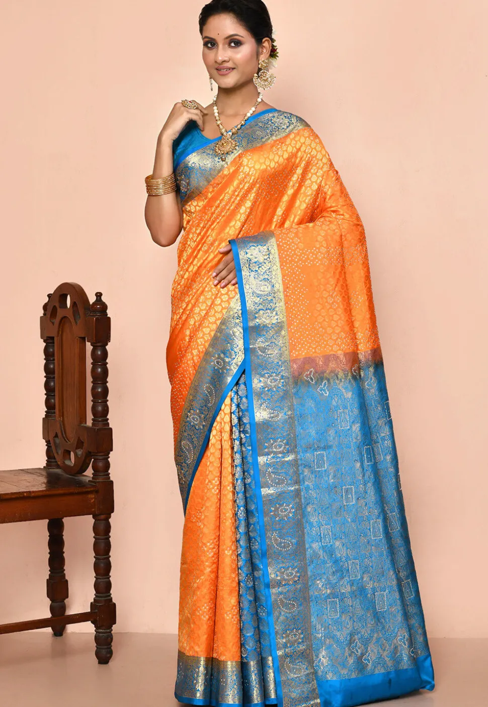 Pure Kanchipuram Silk Embellished Saree in Orange