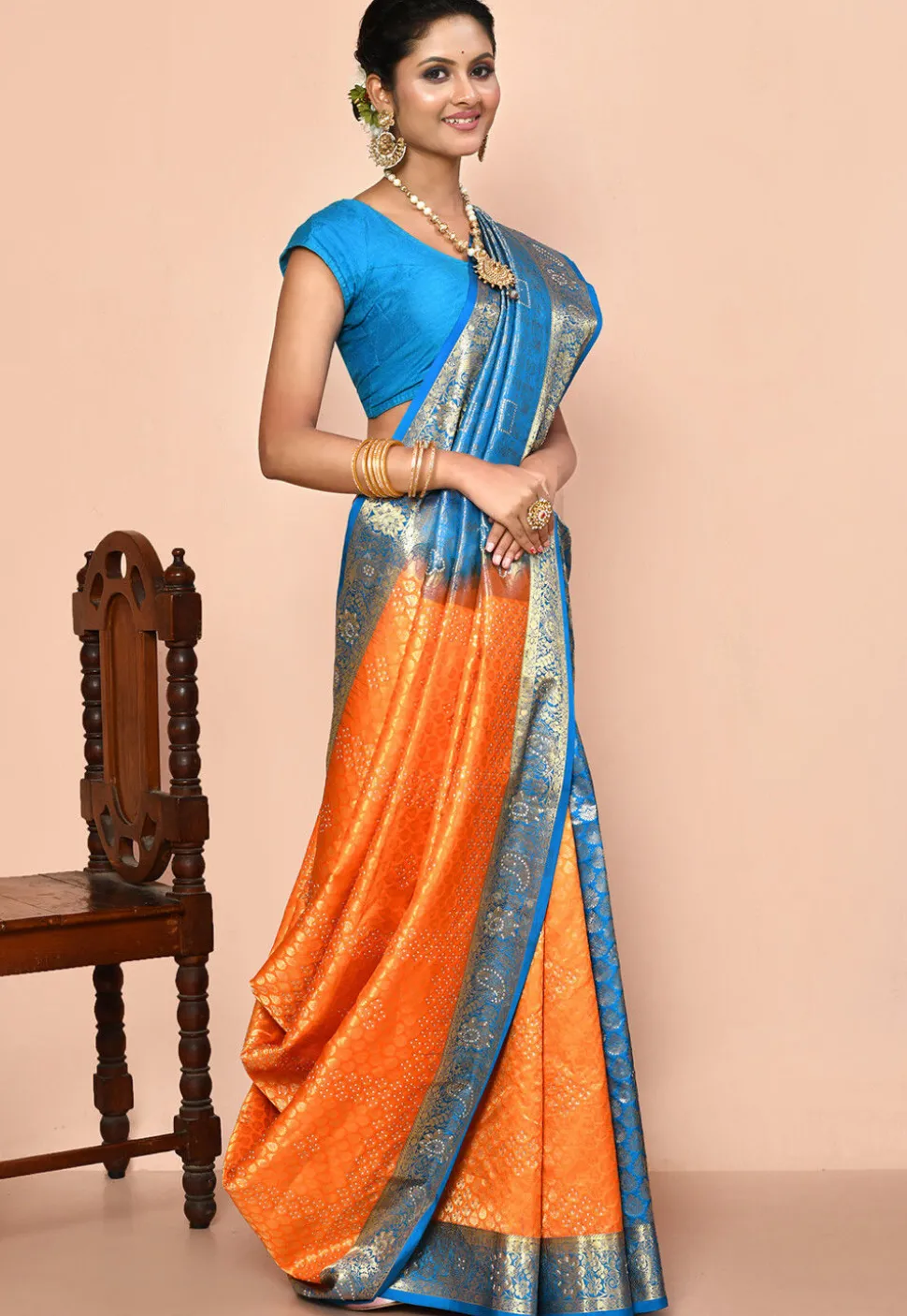 Pure Kanchipuram Silk Embellished Saree in Orange