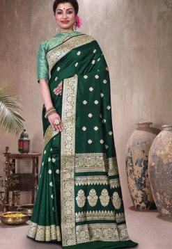 Pure Katan Silk Handloom Saree in Dark Green