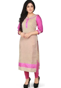 Pure Kota Tissue Long Kurta in Beige and Pink