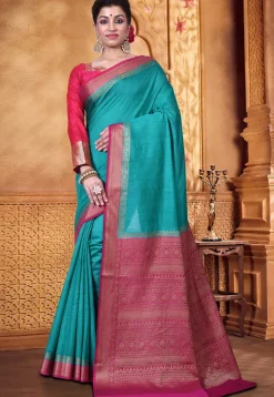 Pure Muga Silk Banarasi Saree in Teal Blue