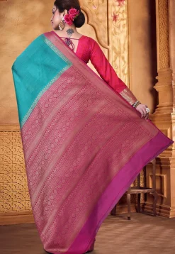 Pure Muga Silk Banarasi Saree in Teal Blue