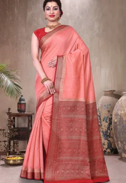 Pure Muga Silk Banarasi Saree in Peach