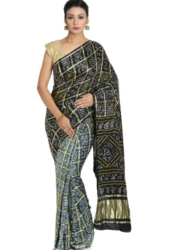 Pure Satin Silk Gharchola Saree in Black and Grey
