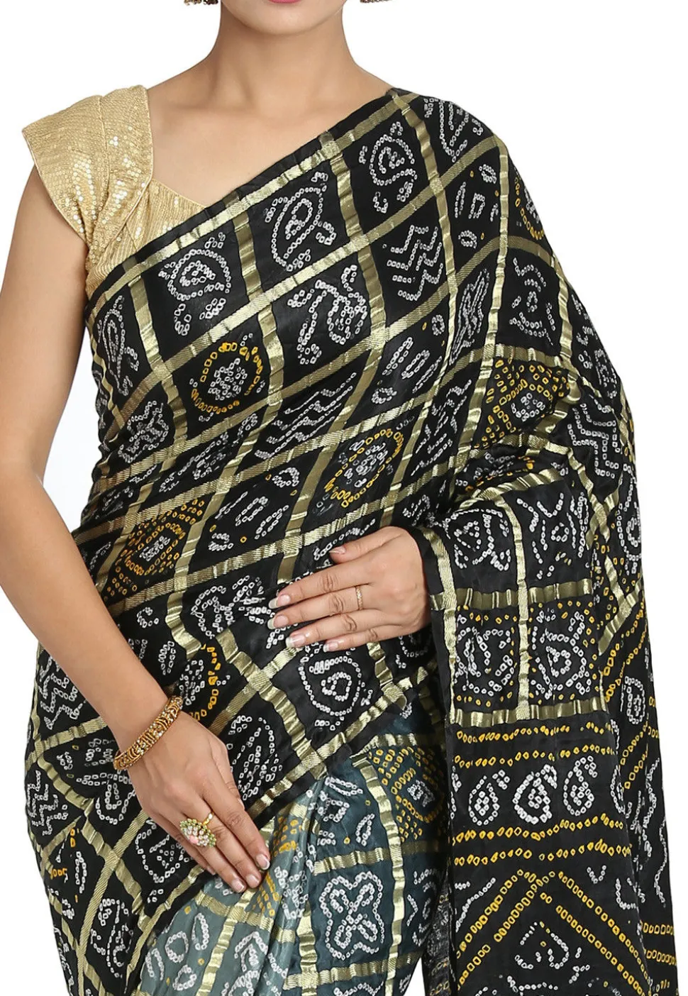 Pure Satin Silk Gharchola Saree in Black and Grey