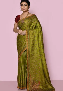 Pure Silk Embroidered Saree in Olive Green