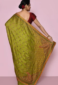 Pure Silk Embroidered Saree in Olive Green