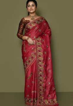 Pure Silk Embroidered Saree in Coral Red